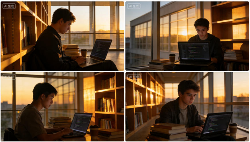 大学生夕阳下办公