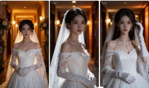 女子身穿白色露肩蕾丝婚纱