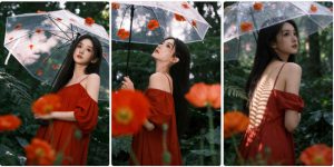 森林光影持伞长裙照片