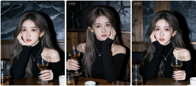 室内餐桌举酒杯托腮照片